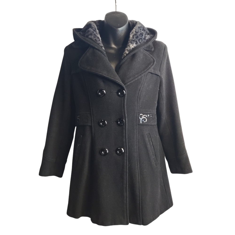 Women's Black Peacoat Removable Hood Double Breast Size S